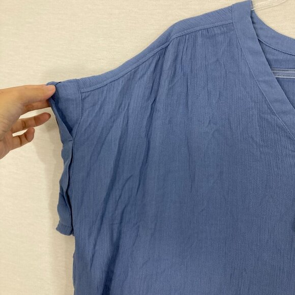 New Orvis Blue V Neck Gauzy Cotton Short Sleeve Relaxed Button Down XL - Picture 4 of 9